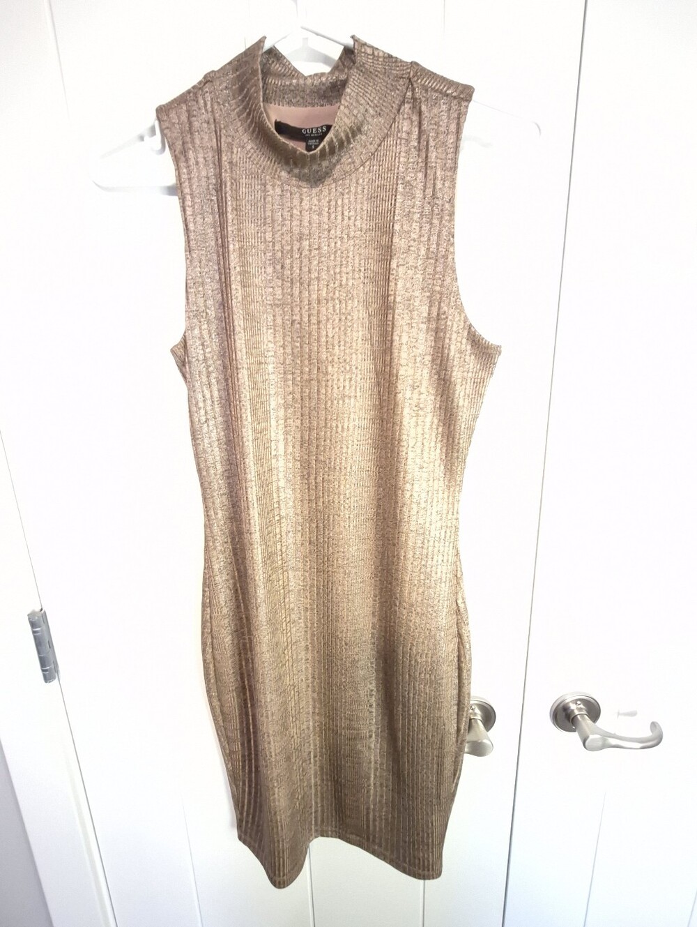 GUESS Gold Metallic Ribbed Sleeveless Midi Dress Size S Lined